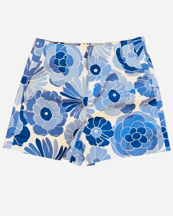 Zara High Waisted Blue Off White Floral Shorts Bright S Retro 70s - Image 2