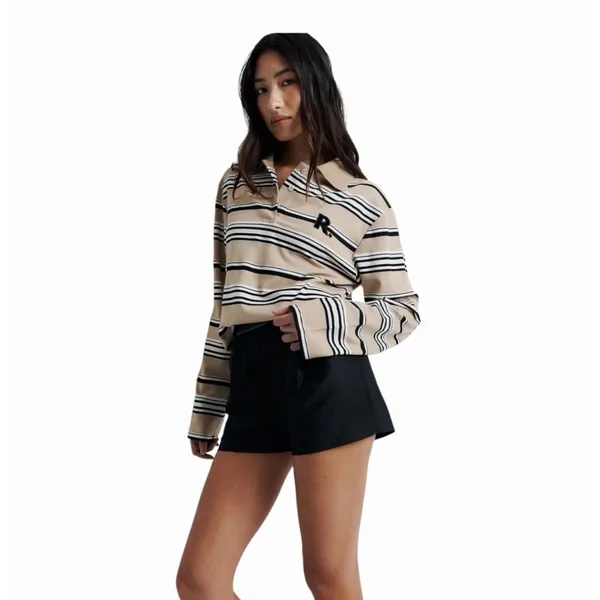 ROMY Varsity Stripe Polo Knit Top Tan Black Ivory Long Sleeve NWT XS - Image 2