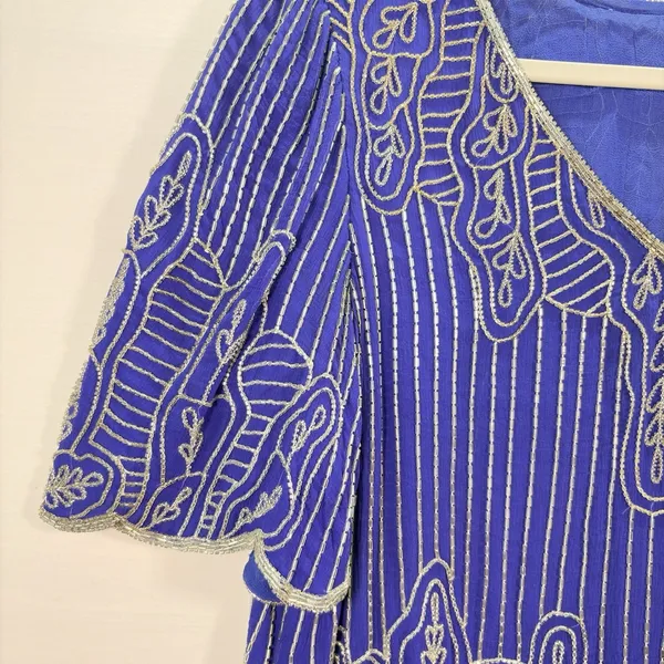 Vintage Royal Blue‎ Silk Beaded Blouse Silver Bugle Bead Scalloped Hem Top Small - Image 8