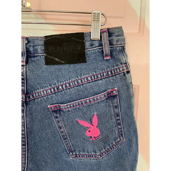Playboy Bunny Denim Cutoff Shorts Pink Stitch Y2K Made USA Womens 7 - Image 8