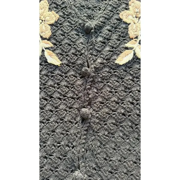 Vintage AGW Division of Graff Black Open Knit Cardigan XL Floral Embroidered - Image 6