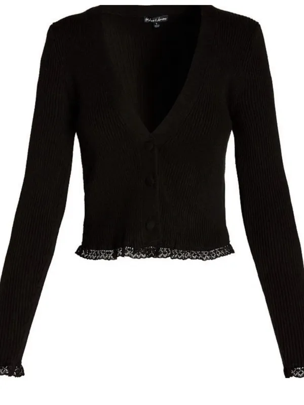 For Love & Lemons Nina Cardigan Black | S | Ribbed Lace Trim Cropped - Image 4