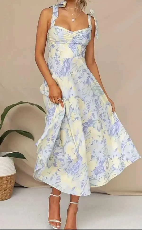 Light Yellow and Blue Floral Sundress with Tie Straps - Image 3