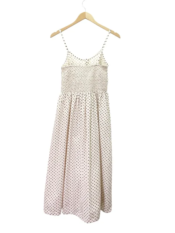Dizzy Lizzy Polka Dot Smocked Midi Dress Small Cream Brown Cotton Cottagecore - Image 3