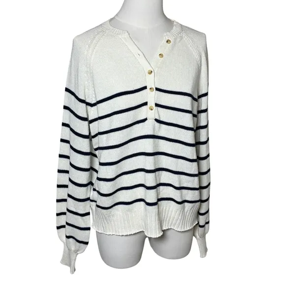 Peyton Primrose Lightweight Nautical Striped Cotton Henley Sweater Ivory Navy M - Image 2