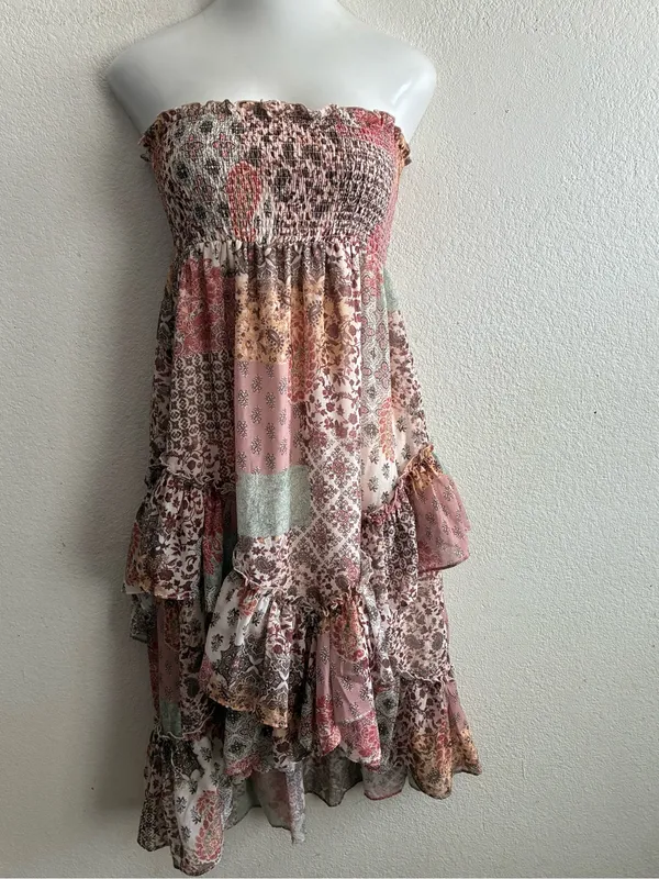 Life Boho Patchwork Ruffle Convertible Dress/Skirt Blush Multi L Pink Size L - Image 2