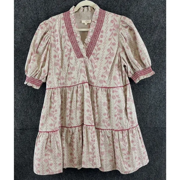 NWT Entro Womens L Polly Printed Mini Dress Floral Puff Sleeve Tiered Pockets - Image 2