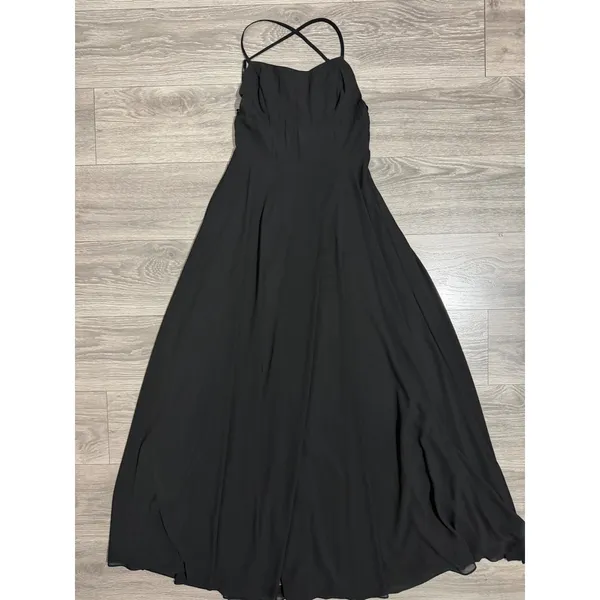 Lulus Black Sparkly Chiffon Maxi Dress Small Square Neck Open Back Side Slit - Image 13