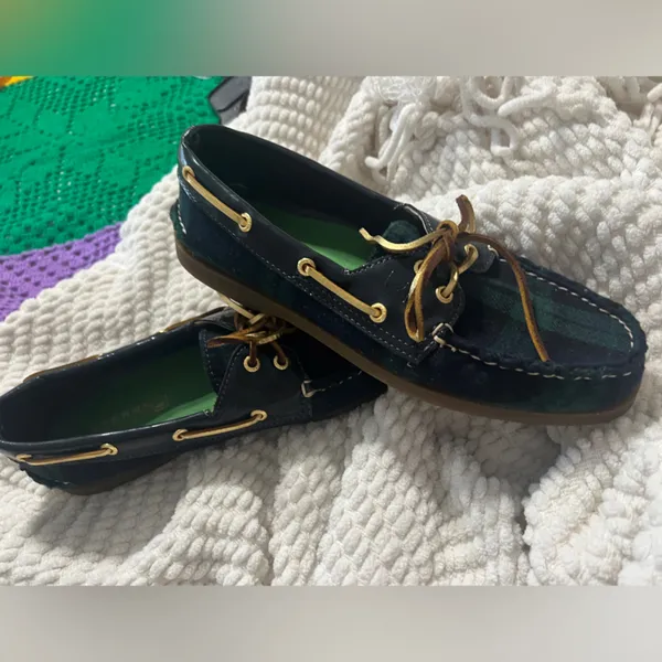 Sperry Green and Navy Plaid Leather-Trim Moccasins - Image 3