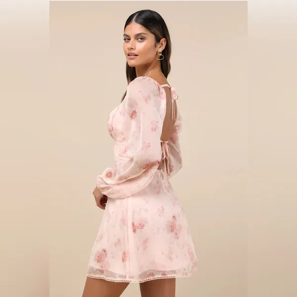 Lulu's Lovely Poise Light Pink Floral Tie Back Long Sleeve Mini Dress,Size XL - Image 4