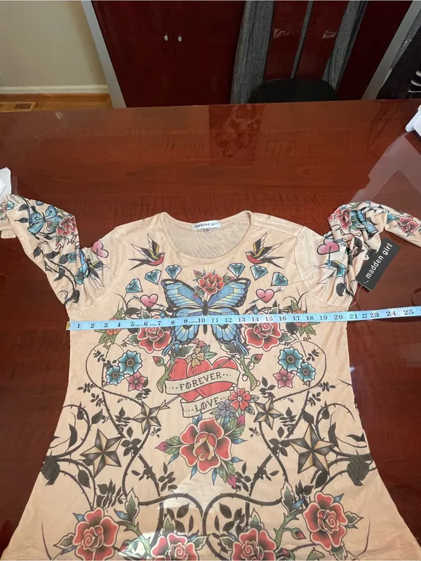 Madden Girl Y2K Tattoo Print Mesh Long Sleeve Top Butterflies Hearts Roses 2XL - Image 8