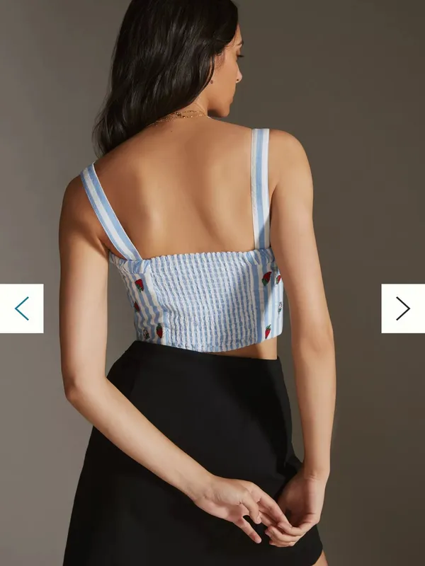 Maeve Blue-and-White Striped Cropped Tank with Strawberry Embroidery - Image 2