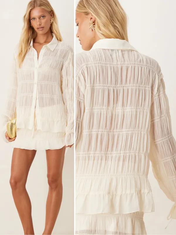 SNDYS La Louisiane Shirred Sheer Flare Sleeve Cream Button Front Top Sz M 💛🎀 - Image 2
