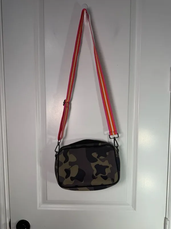 Neoprene Crossbody Bag Camo Green with Pink and Orange Striped Strap - Image 3