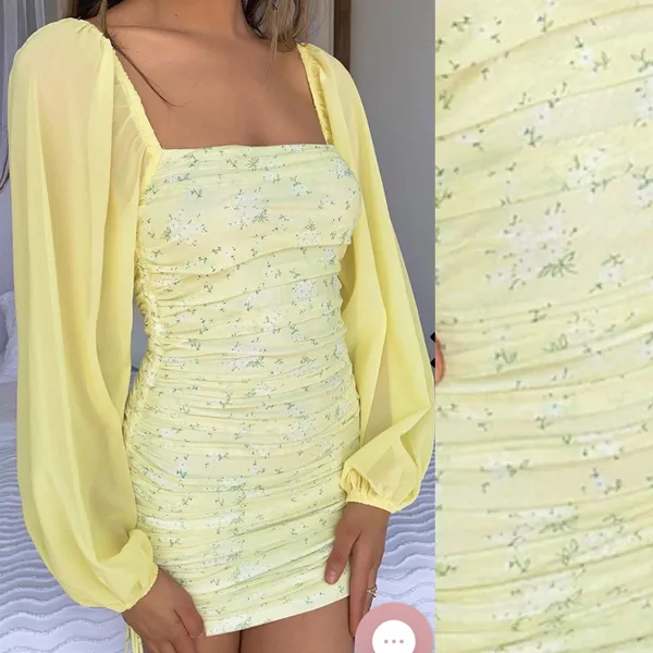 That’sSoFetch Lorde Ruched Puff Sleeve Mini Dress: Yellow Ditsy Floral - Image 9