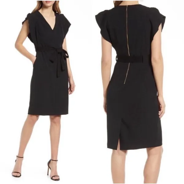 Eliza J Ruffle Sleeve Sheath‎ Dress Women's 6 Black Crepe LBD Classic Career - Image 2