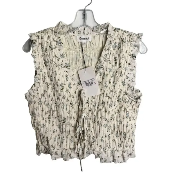&Merci Sleeveless Smocked Top Dusty Blue Floral L NWT - Image 3