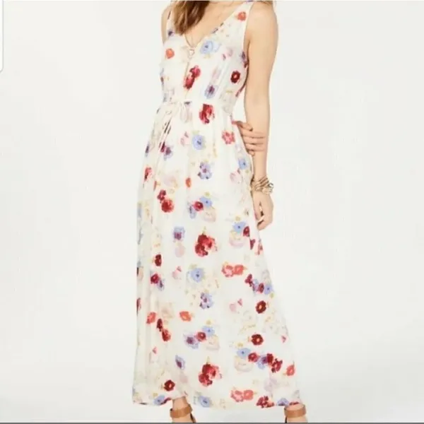 NEW Lucky Brand Floral Maxi Dress LARGE beige blue purple Sleeveless Boho chic - Image 3