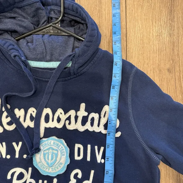 VTG Aeropostale Womens Y2K Navy Hooded Sweatshirt Large Preppy Mall Spellout - Image 8