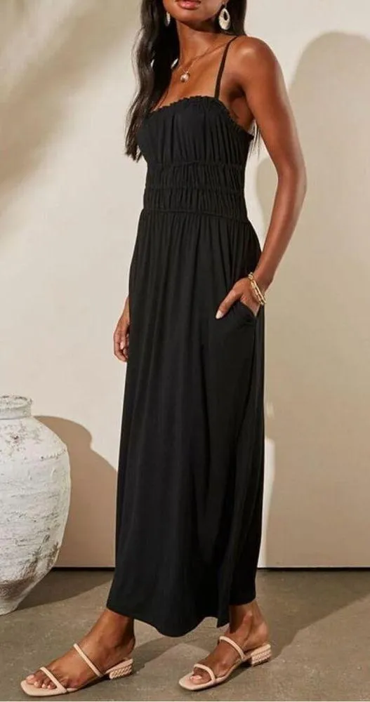 NEW Sundress Pockets Pleat Long Tiered Maxi Dress M - Image 5