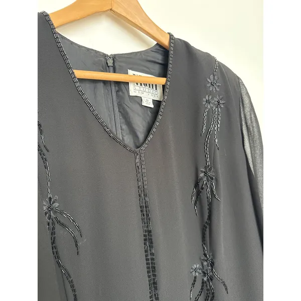 1990s Night Studio black beaded chiffon gown with sheer overlay & sleeves 16 - Image 9