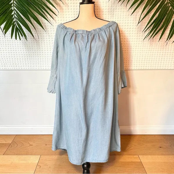 Forever 21+ Off-Shoulder Chambray Dress | Light Wash Denim Look | Size 1X | NWT - Image 2