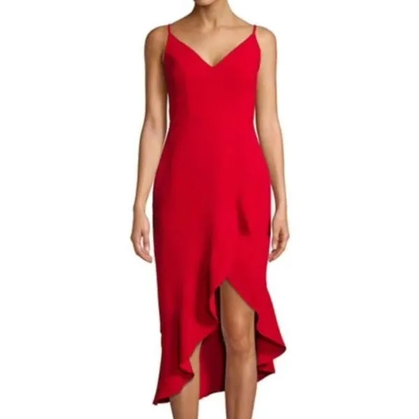 XScape Womens Asymmetrical Ruffle Midi Dress Size 4 Red Cocktail Wedding Guest Event - Image 9