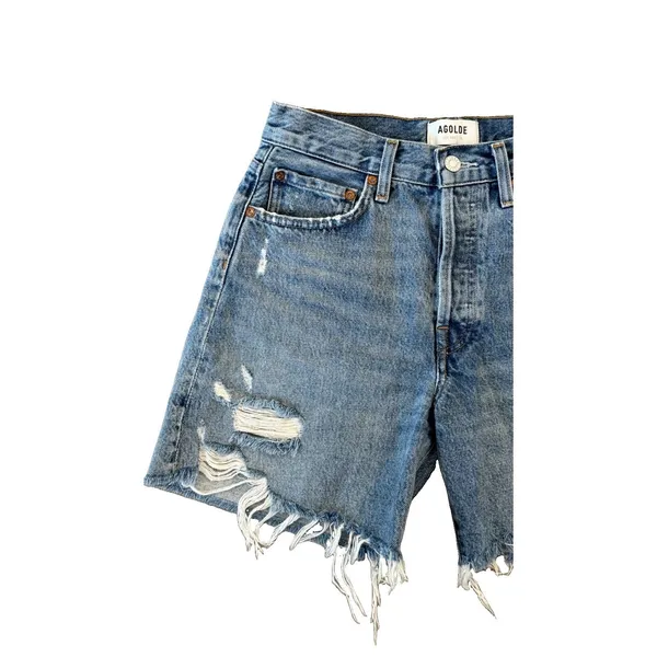 AGOLDE Parker Long High Rise Distressed Denim Shorts Button Fly Blue Size 24 - Image 3