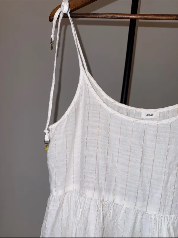 Aerie Magic Hour White Gold Striped Tie-Shoulder Cotton Swim Coverup Dress sz M - Image 3