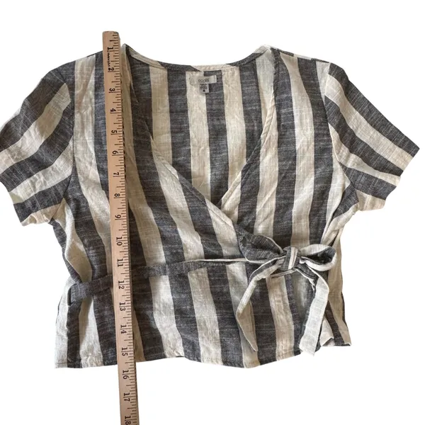 Ecote Wrap Top Black Ivory Stripe Cotton Tie Waist‎ Short Sleeve S Boho - Image 7
