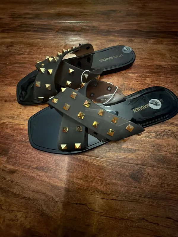 Steve Madden Tace Studded Jelly Slide Sandals Black Gold - Image 3