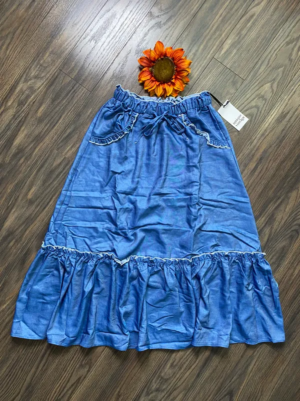 Unique Vintage NWT 1970s Chambray Ruffle Tiered Midi Skirt X-SMALL - Image 5