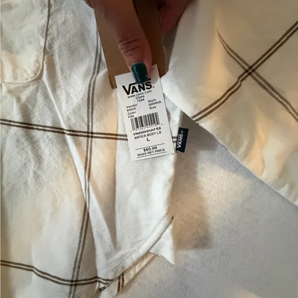 Vans Antica Boxy Long Sleeve Button Down Shirt Cream Plaid Size Large NWT - Image 4