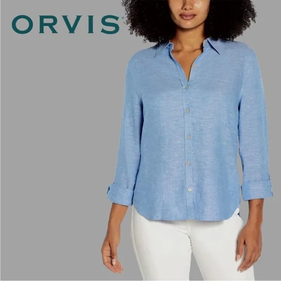 ORVIS Chambray blue Linen blend Shirt button down roll up sleeve XXL - Image 2