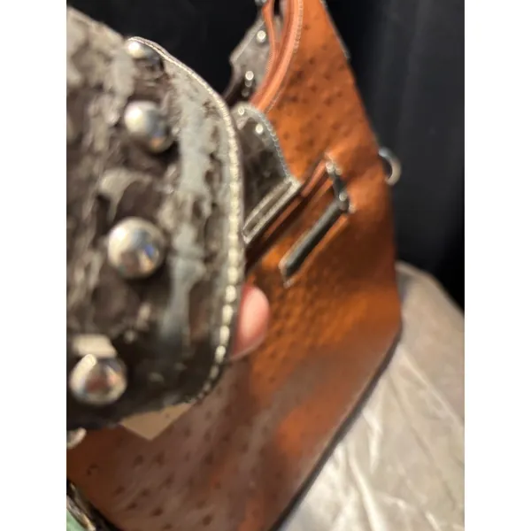 Western Ostrich Croc Embossed Studded Hobo Shoulder Bag Cognac Brown Horsebit‎ - Image 7