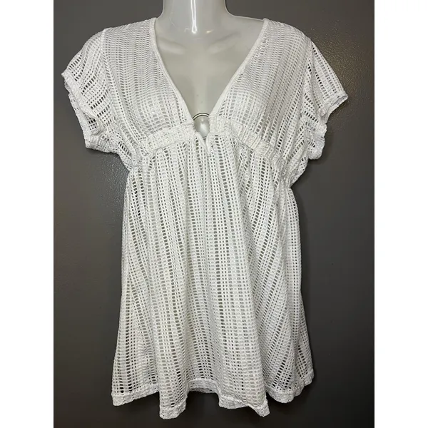 Waves To Coast Cover Up Womens Large White Crochet Mesh V Neck Beach Tunic Swim - Image 2