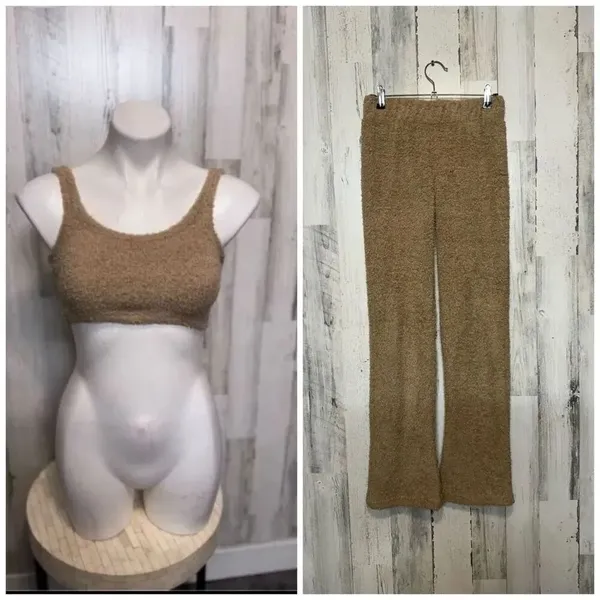 If It Were Me Teddy Lounge Set XS | Fuzzy Bralette & Wide Leg Pants | Cozy Tan T - Image 2
