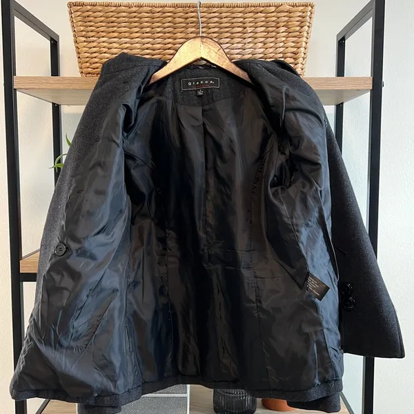 Giacca Button Front Wool Blend Heavy Weight Pea Coat w/Hood & Pockets, S - Image 10