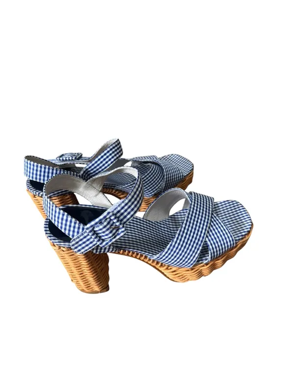 Jeffrey Campbell Amma platform sandals in blue gingham with wicker heel 9 - Image 3