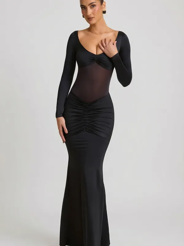 Oh Polly Alila Bow-Detail Ruched Maxi Dress in Black - Image 6