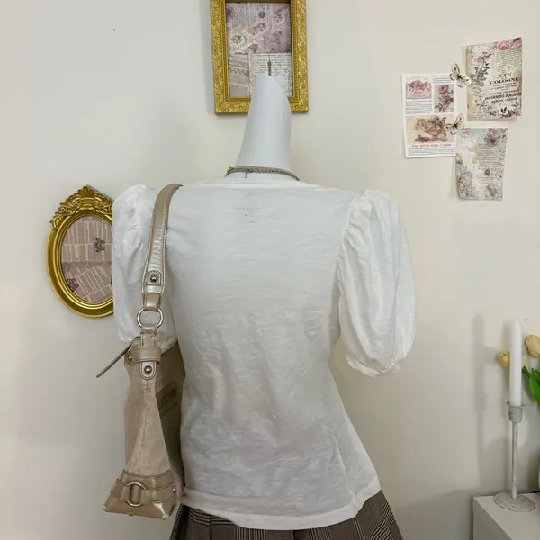 By Anthropologie Puff Sleeve Scoop Neck Top Size M White Cotton - Image 3