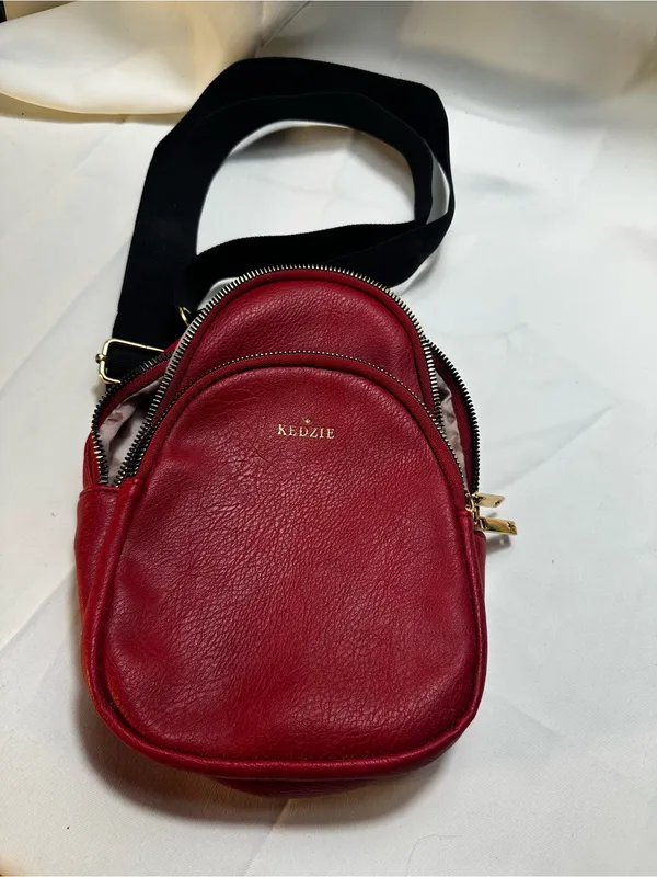 T547. Kedzie Red Vegan Leather Mini Convertible Backpack Crossbody Gold Hardware - Image 2
