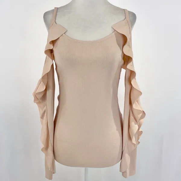 Club Monaco Ruffle Trim Cold Shoulder Long Sleeve Sweater Blush Pink Size XS - Image 3
