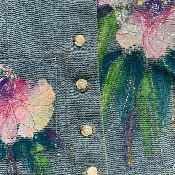 Vintage‎ Denim Floral Painting Vest - Image 5