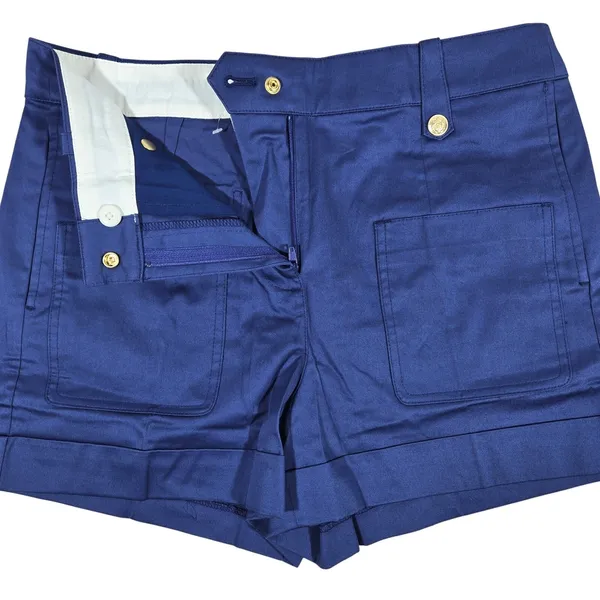 J Crew High Rise Cuffed Shorts Navy Blue Cotton Blend Size 4 Gold Button‎ Detail - Image 3