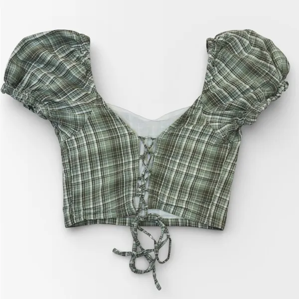 Dizzy Lizzy Green Plaid Milkmaid Corset Puff Sleeve Crop Top Medium - Image 3