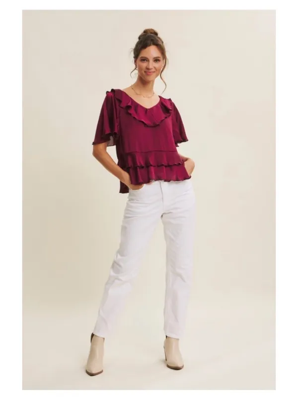 in february Burgundy Crinkled Ruffle V-Neck Flutter Sleeve Tiered Peplum Blouse - Image 2