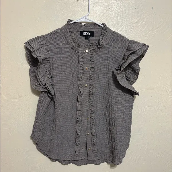 DKNY Black White Gingham Ruffle Flutter Sleeve Blouse Size L - Image 2