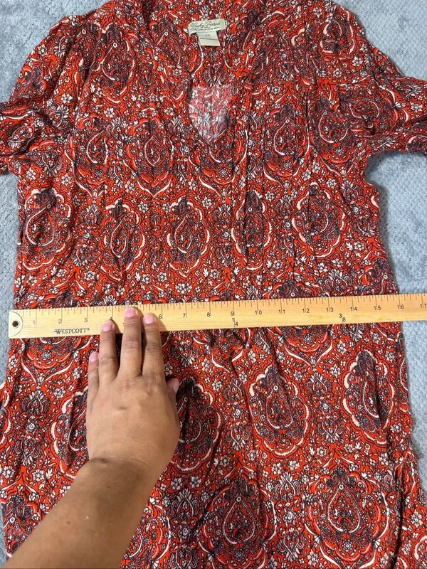 Lucky Brand Size XS Orange Paisley Wrap Dress Boho Western Long Sleeve Tie Waist - Image 10
