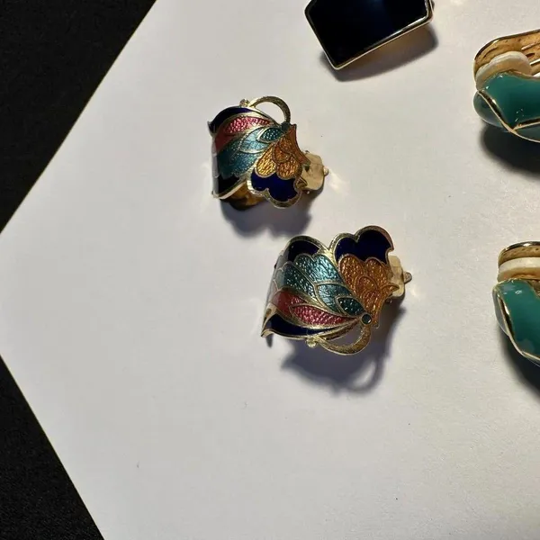 Lot Of 3 Gold Tone Clip On Earrings 2 With Colored Enamel 1 Cloisonné Style - Image 5